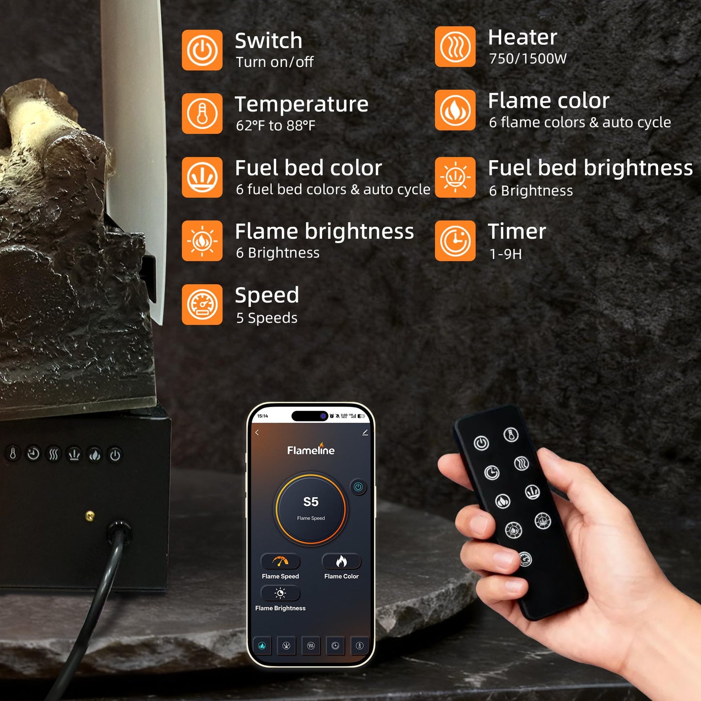 Kentsky 24.5" WiFi Freestanding Electric Fireplace Log Set, Fireplace Insert Heater with 9H Timer, Thermostat, 6 Flame Colors, 5 Levels Brightness & Speeds, 750W/1500W, App & Remote Control