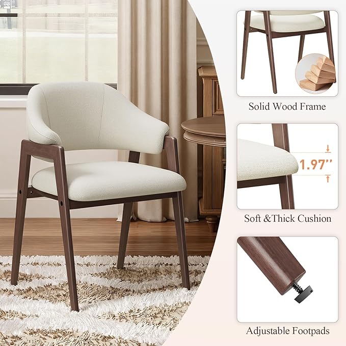MALOL Wooden Dining Chairs Set of 2, Modern Fabric Upholstered Dining Room Chair, Kitchen Side Chairs, Farmhouse Dinner Chair with Curved Open Back for Kitchen, Beige