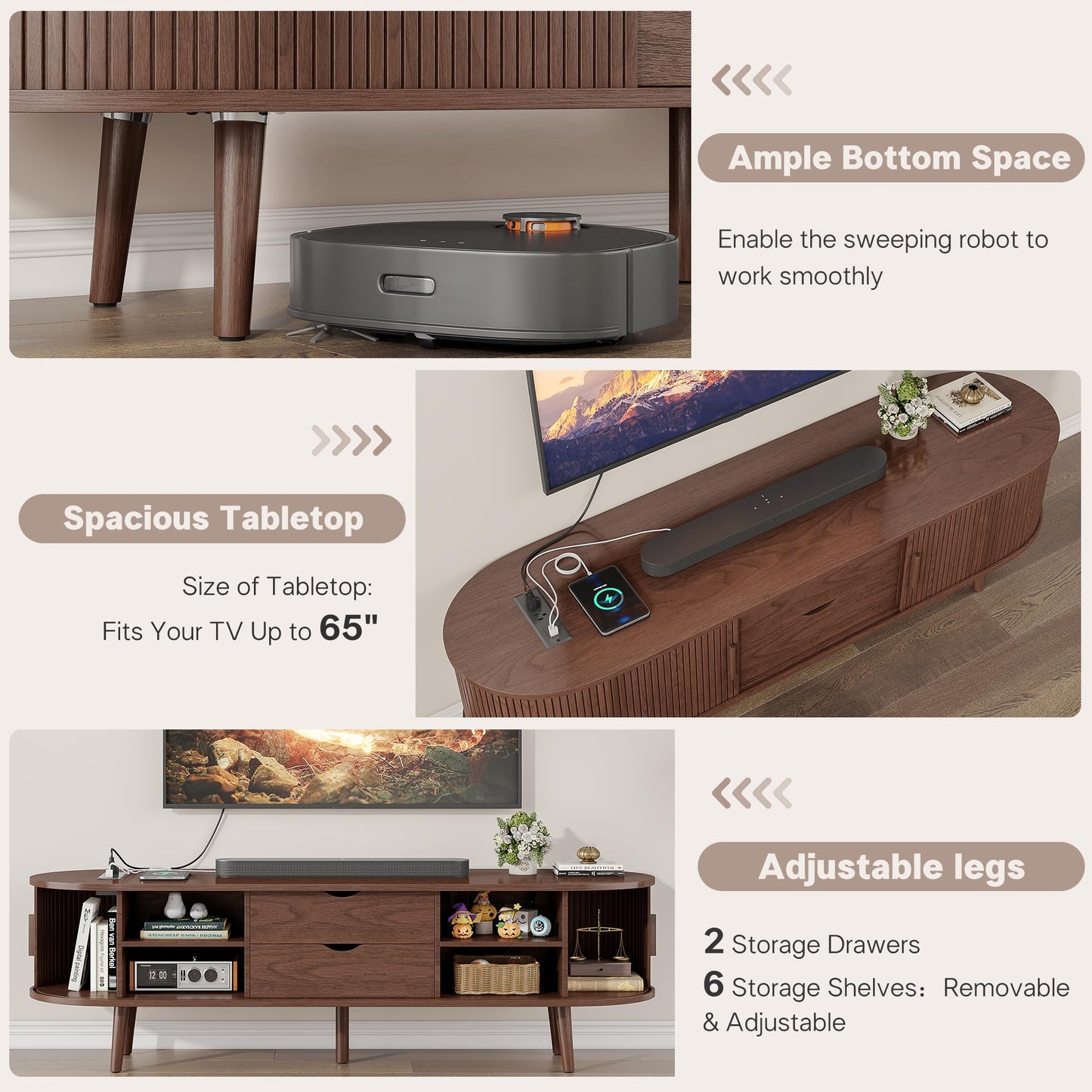 Alohappy 59" Mid Century Modern TV Stand with Charging Station, Curved Edge Fluted TV Media Console Table with Drawer and Shelf, Farmhouse Entertainment Center for Living Room, Bedroom, Walnut