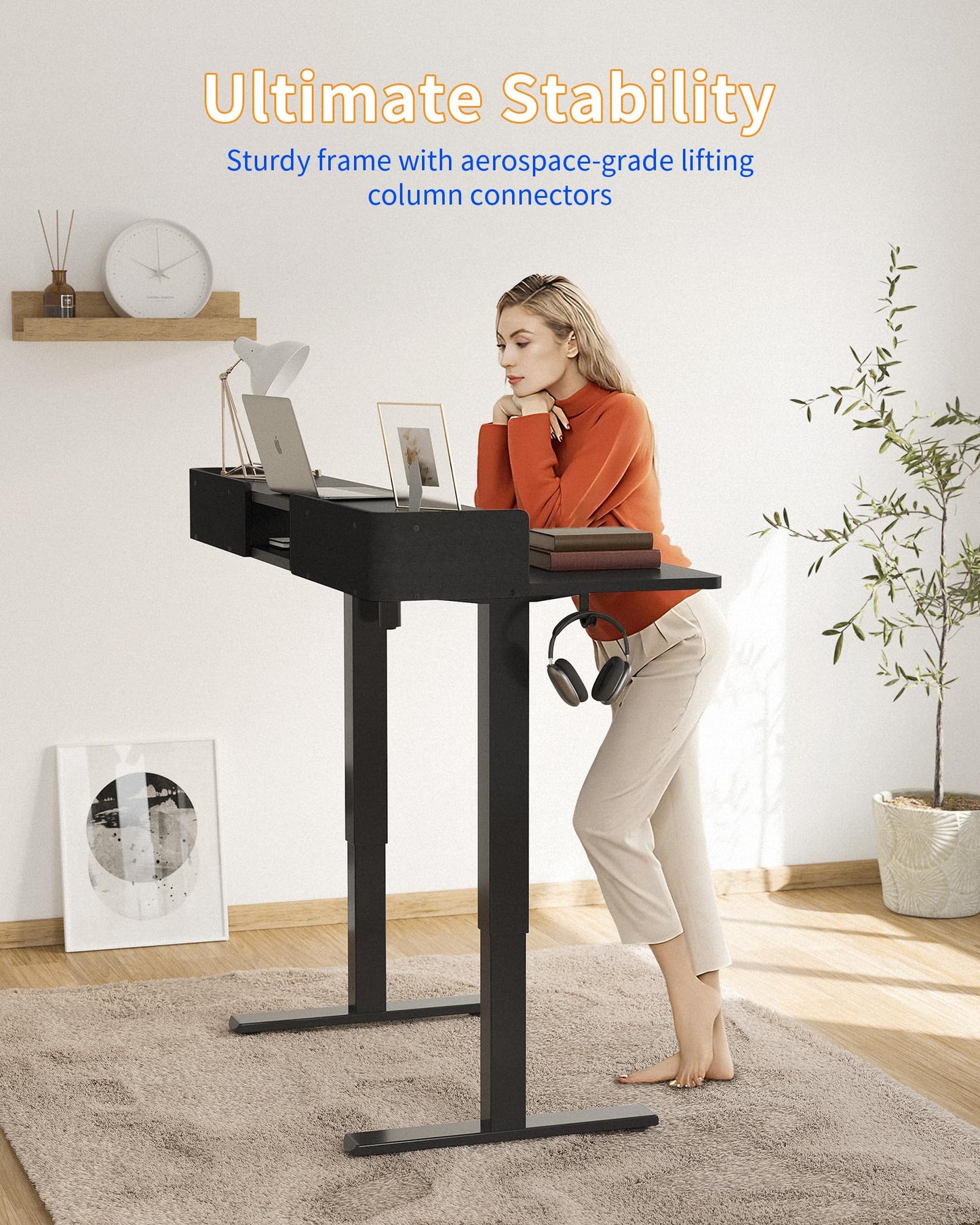 YIHAYO Electric Standing Desk with Drawers, 48 x 24 Inches Adjustable Desk with Storage Shelf, Stand Up Desk with Splice Board, Computer Table for Home Office, Black Frame/Black Top