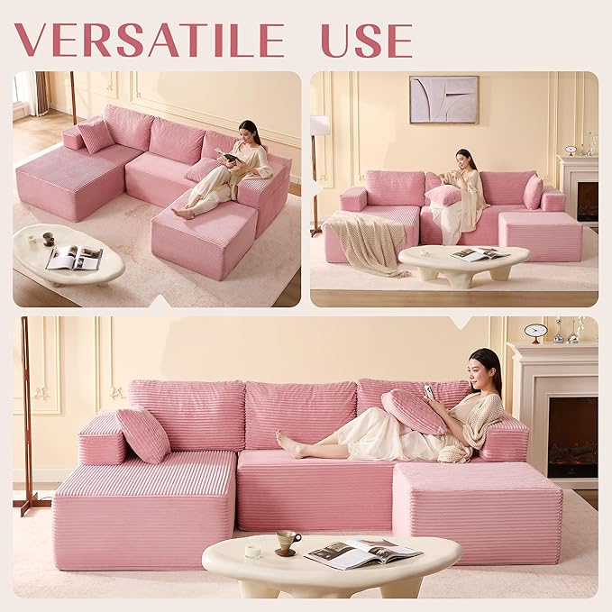 Afuson 107" Boneless Couch with Deep Seat, Modular Sectional Sofa, Cloud Sectional Couch for Living Room, No Assembly Required, Corduroy, U-Shape 3 Seater Left, Pink