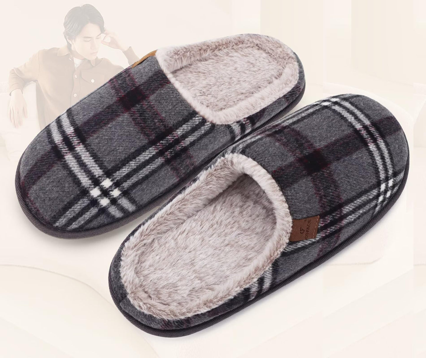 COFACE Mens Grey Flano Plaid Cozy Memory Foam scuff Slippers Slip On Warm House Shoes Indoor/Outdoor With Best Arch Support Size 11