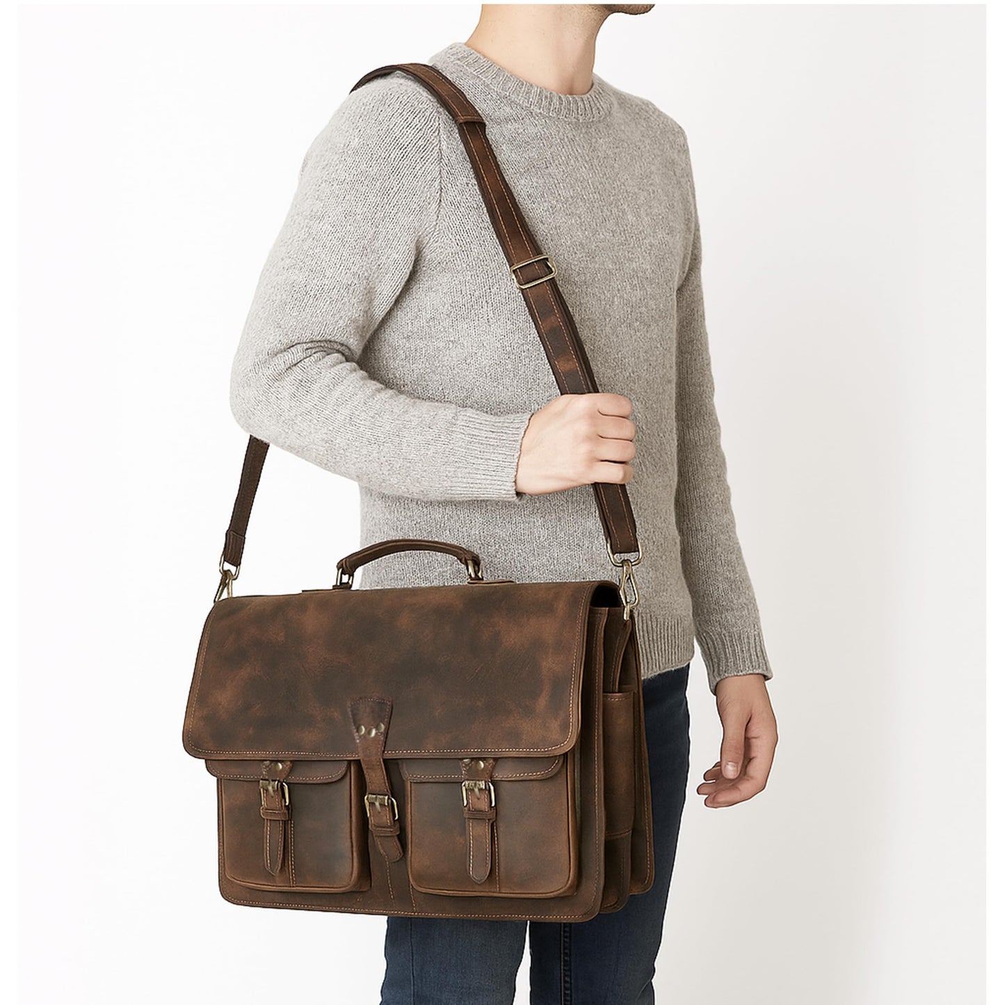 Vintage Leather Messenger Bag for Men & Women, Multi-Pocket Briefcase Satchel, 16 Inch Laptop Shoulder Bag – Brown (Vintage Brown, 18 inch Large)