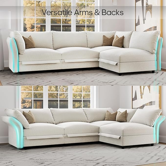 DreamDashio 12 Seater Oversized Modular Sectional Sofa with Storage & Adjustable Arms Backs, 211" Large U Shaped Sectional Couches for Living Room with Deep Seat, Beige Chenille