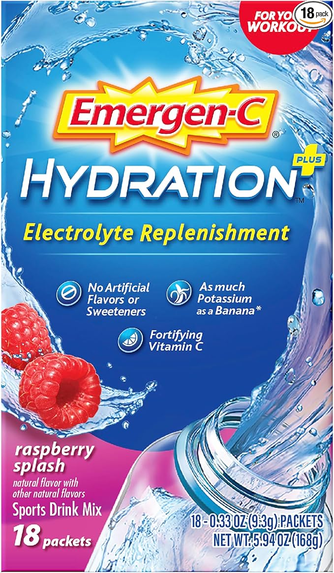 Emergen-C Hydration+ Sports Drink Mix With Vitamin C (18 Count, Raspberry Flavor), Electrolyte Replenishment, 0.33 Ounce P...