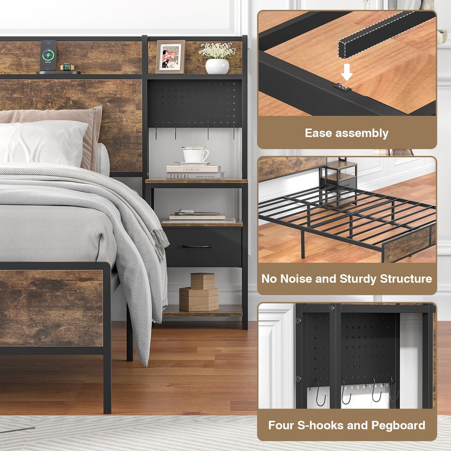Queen Bed Frame with Set of 2 Bedside Tables with Canvas Drawers and Storage Headboard, Metal Platform Bed Frame with LED Light, Charging Station, Sturdy Metal Slats, No Box Spring Needed, Noise Free