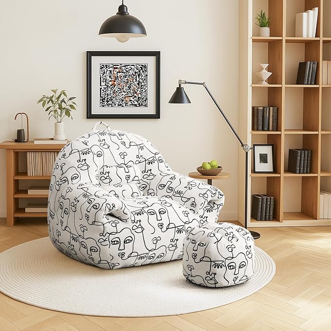 Peace nest Bean Bag Chair with Memory Foam Filled Ultra Soft Jacquard Pattern Cover for Adults Comfy Fur Bean Bag Chairs with Armrests Ottoman for Bedroom Living Room Office Dorm Reading Goddesses