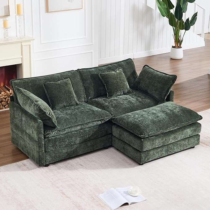 KIVENJAJA Chenille L-Shaped Modular Sectional Sofa, Modern Loveseat Comfy Deep Seat Cloud Couch with Ottoman/Chaise & 4 Pillows for Living Room Office Apartment, 76.7" W, Green