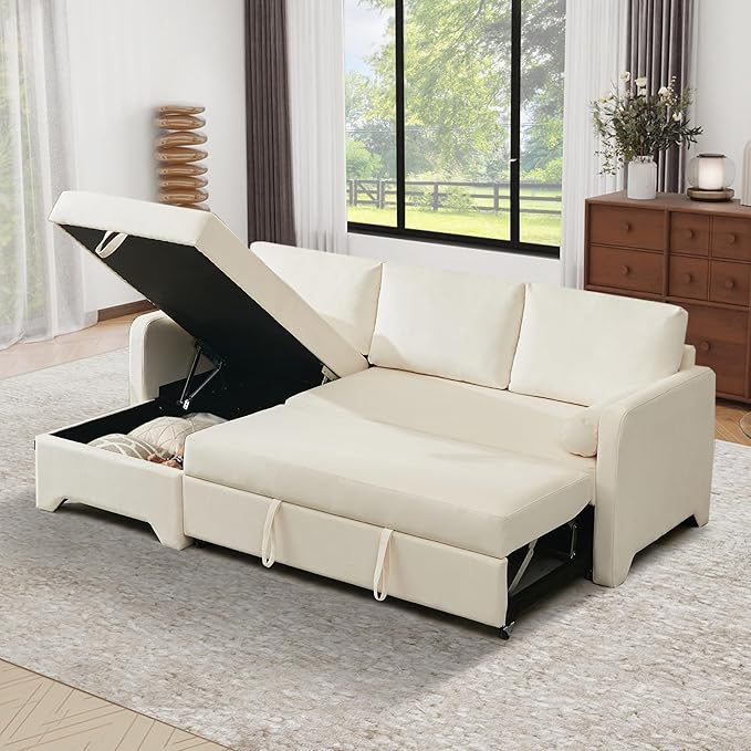 Tbfit 90.6'' 3 in 1 Sleeper Sofa Couch with Storage Chaise, Velvet Sofa Bed with Pull Out Bed, Convertible Sleeper Sofas for Living Room, Small Spaces, White