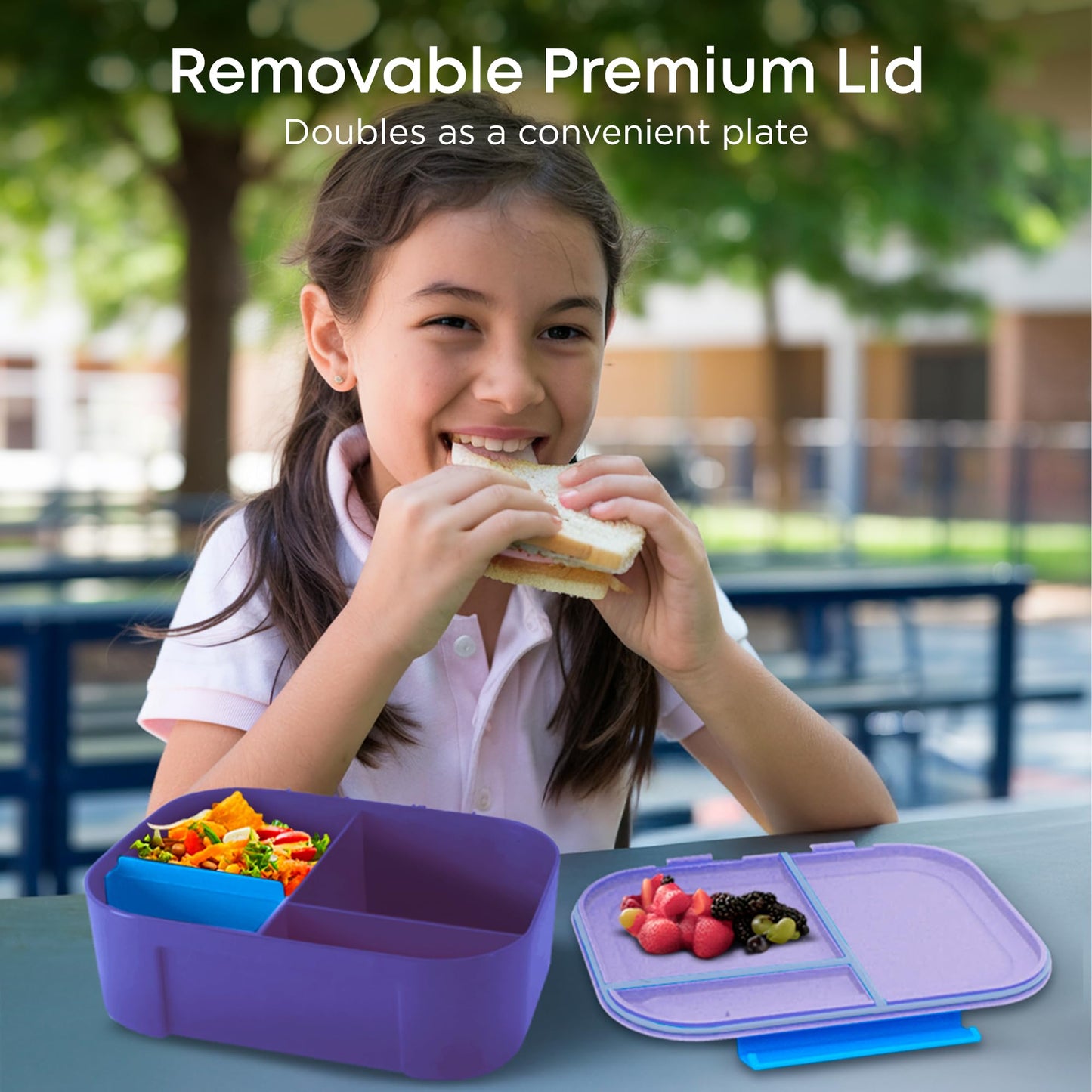 KARRICO Leakproof Lunch Box – 3-Compartment Bento Box, Cooler Pack & Adjustable Divider, Extra Large & BPA-Free – Dishwasher Safe, Ideal for On-the-Go Meals, Lilac & Blue
