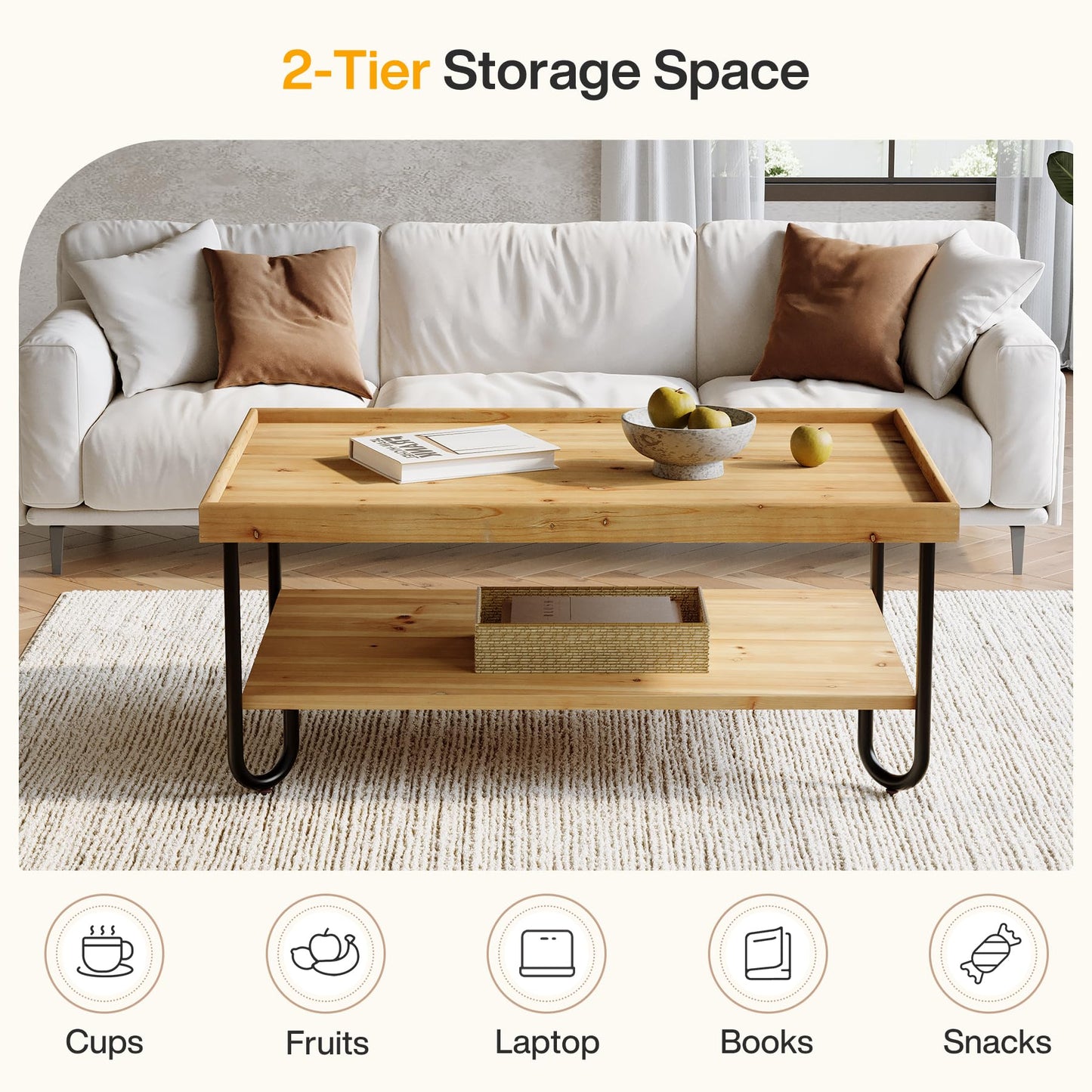 TRIBEWOOD 47.24-Inch Solid Wood Coffee Table, 2-Tier Rectangular Center Table with Curved Metal Legs, Industrial Cocktail Tea Table with Storage Shelf for Living Room, Apartment (Light Brown)