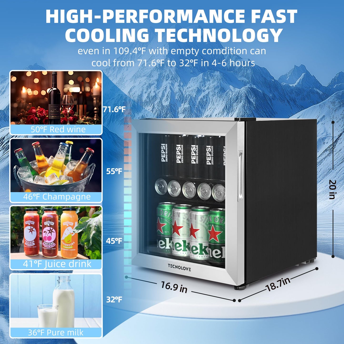 Tecnolove Beverage Refrigerator, 1.6 Cu.Ft Mini Fridge, Stainless Steel, LED Digital Temp Control, Double Glass Door, Adjustable & Removable Shelves, Compact Design for Home & Office