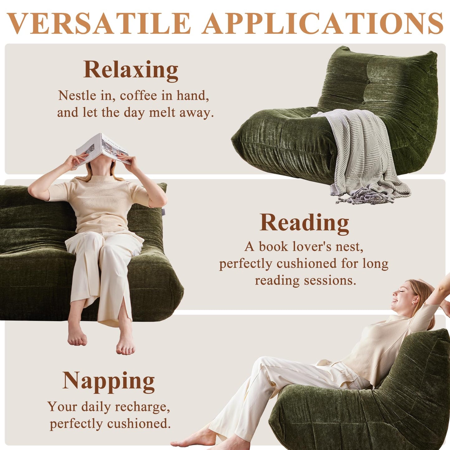 SUYOLS Bean Bag Chair, Fireside Chair Big Bean Bag Sofa for Adults/Teens, Memory Foam Bean Bag Gaming Chairs with Comfy Design & Premium Fabric, Lazy Floor Sofa for Living Room, Bedroom, Olive Green