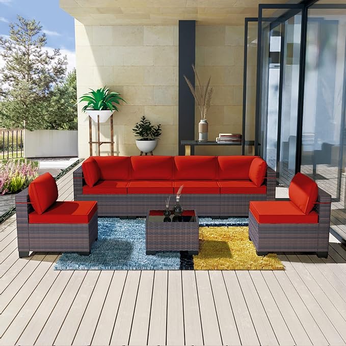 Kullavik 7 Pieces Outdoor Patio Furniture Set,Sectional Rattan Sofa Set Brown PE Rattan Wicker Patio Conversation Set with Tempered Glass Coffee Table and Washable Cushions Covers,Red