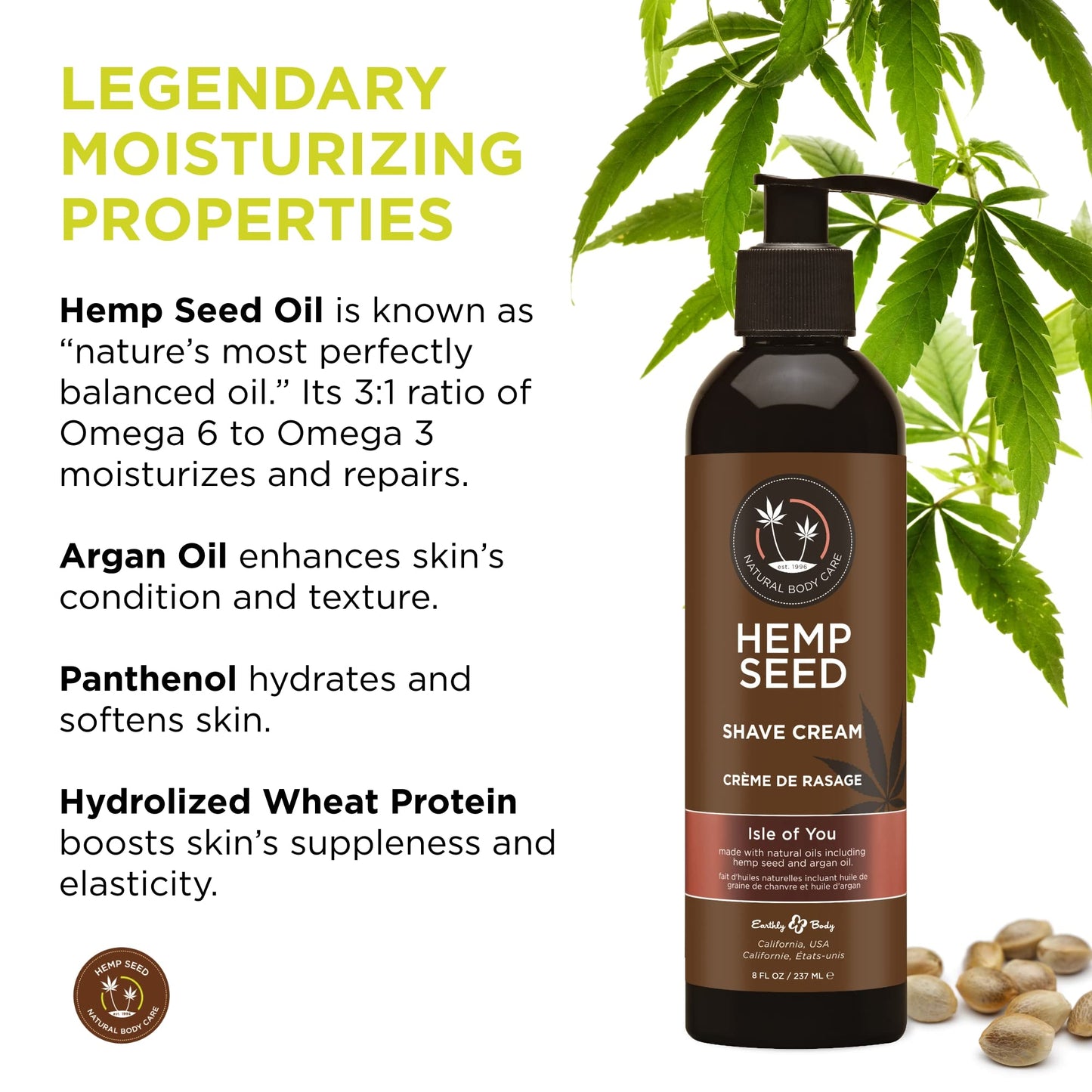 Hemp Seed Shave Cream, Isle of You - 8 oz - Nourishes & Protects Skin - With Hemp Seed Oil, Argan Oil & Vitamin E - Vegan, Cruel