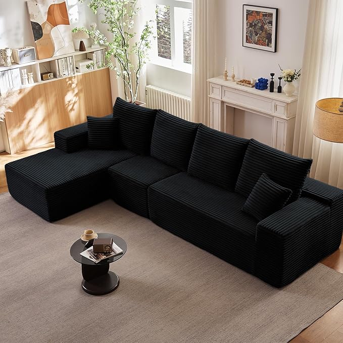 135.4" Cloud Sectional Couch with L-Shape Chaise, Modern Corduroy Boneless Couch for Living Room,Memory Foam Sofa with Deep Seat,No Assembly Required (Black,Left-Facing Chaise)