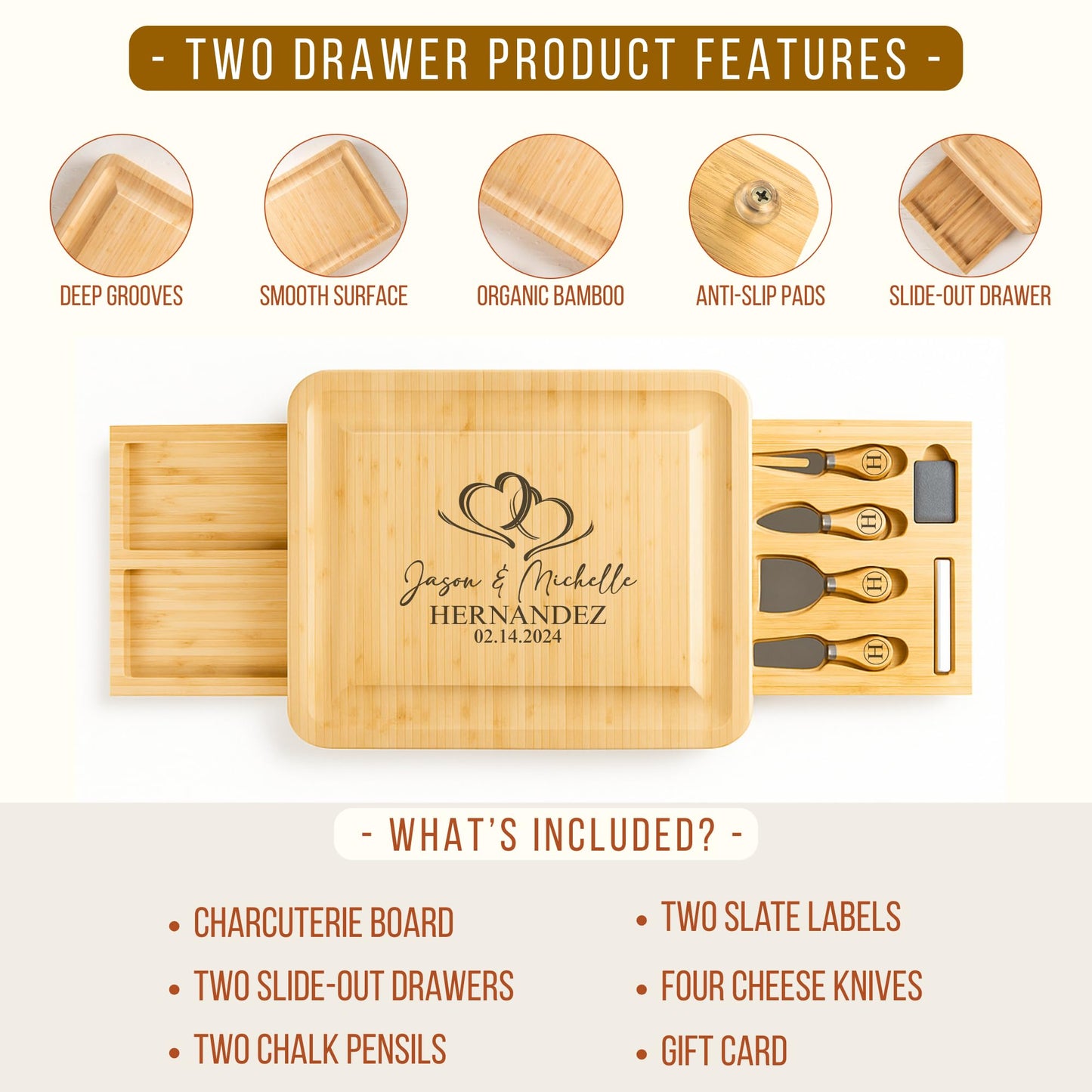 Personalized Bamboo Charcuterie Board Set with Accessories – Large Serving Tray with Knives & Smooth Surface for Cutting or Serving, Present for Wedding, Christmas, Anniversary, Housewarming Gift