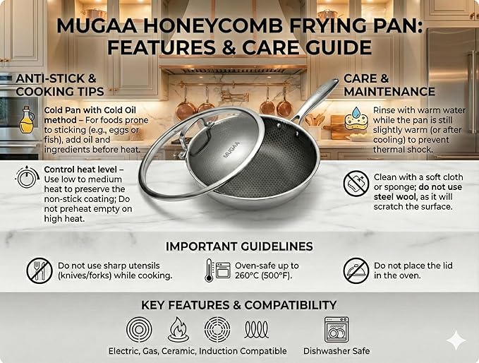 10” Non-Stick Stainless Steel Frying Pan with Lid | Honeycomb Hybrid Skillet for Induction, Gas & Electric Stovetops | Oven Safe, Dishwasher Safe | Premium Gift Packaging