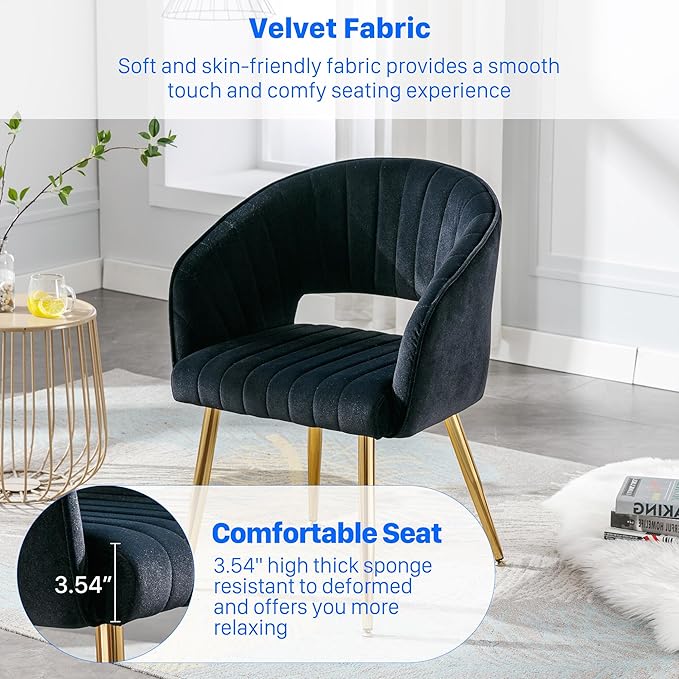 KCC Modern Accent Dining Chairs Set of 6, Upholstered Velvet Dining Room Chairs with Hollow Back, Tufted Kitchen Chairs Side Chairs with Gold Metal Legs for Living Room Restaurant, Black