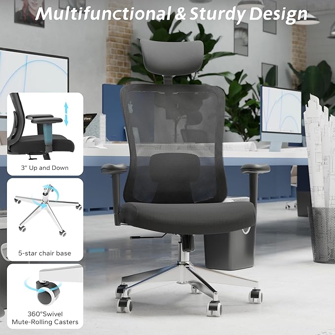 ZYFFHYLAI Ergonomic Office Chair, Mesh Desk Chair with Adjustable Headrest and 2D Armrest，Computer Chairs with Lumbar Support, Big and Tall Office Chair 400lbs, Large (01black)