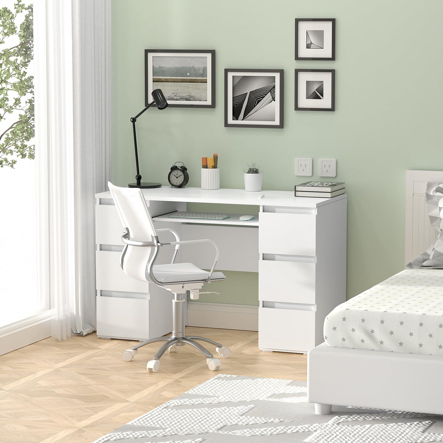 Furniwood White Desk with Drawers Computer Desk for Bedroom, Home Office Table with Storage, 47 Inch Writing Wood Desks Executive Desks, Workbench Study Counter Small Gaming Table, White