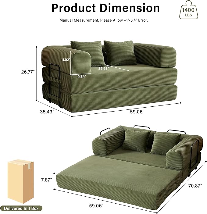 59" Folding Convertible Sofa Bed, Small 2-Seater Sofa Corduroy Futon Floor Couch with Pull-Out Sleeper, Boneless Loveseat for Small Spaces, Home Office, Apartment-Friendly (Light Green)