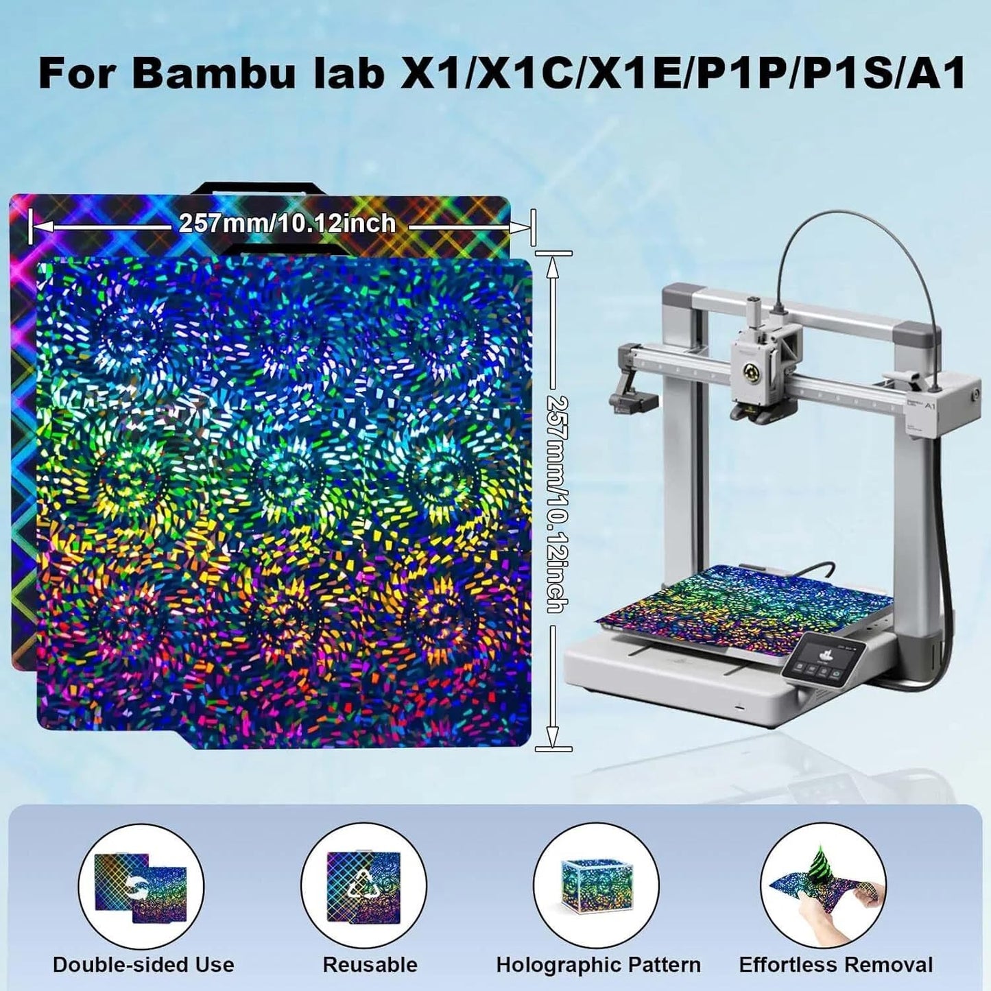 IdeaFormer-3D PEW PES Effect Build Plate for Bambu Lab X1/X1C/X1E/P1P/P1S/P2S/A1, Rainbow Gear+Plaid Flexible Spring Steel Plate 257x257mm Print Bed Removable Platform for Bambu Labs 3D Printers