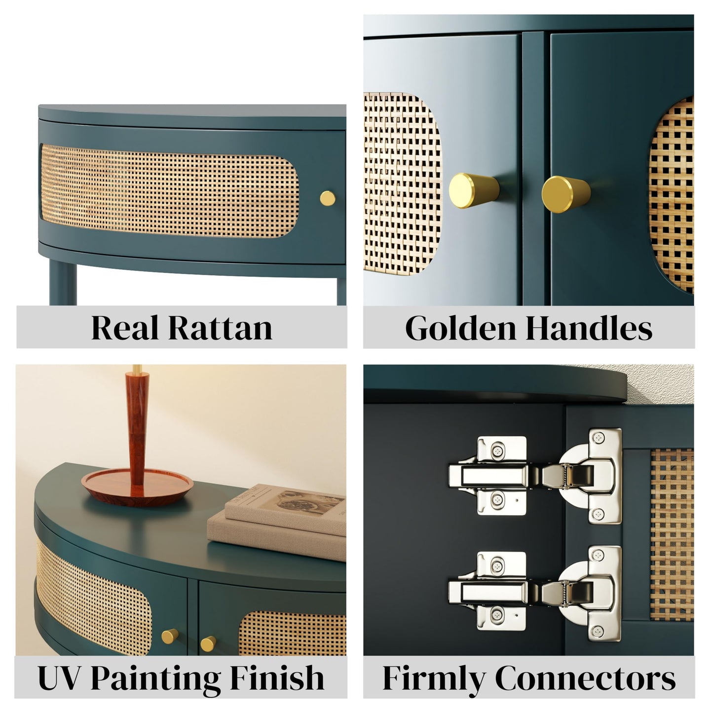 Half Moon Wood Console Table for Narrow Entryway, Boho Rattan Side Coffee Table with Storage, Accent Table for Small Spaces, Decorative Furniture for Living Room Hallway Foyer Entrance (Green)