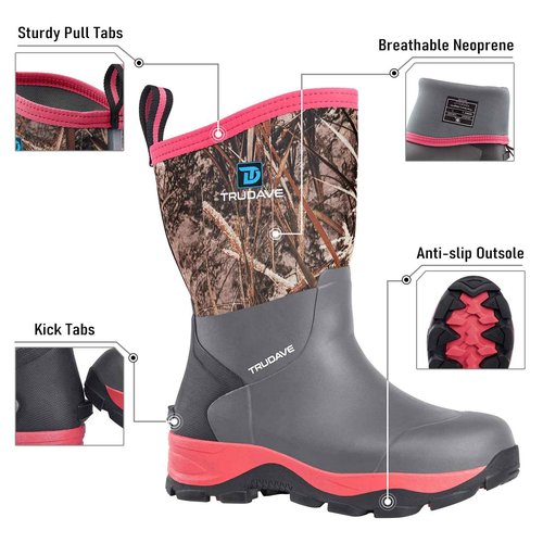 Trudave Rubber Rain Boots for Women, Neoprene Insulated Mud Work Boots, Anti-slip Breathable Mid-calf Womens Waterproof Boots for Garden, Water Fishing, Pink, Size 10