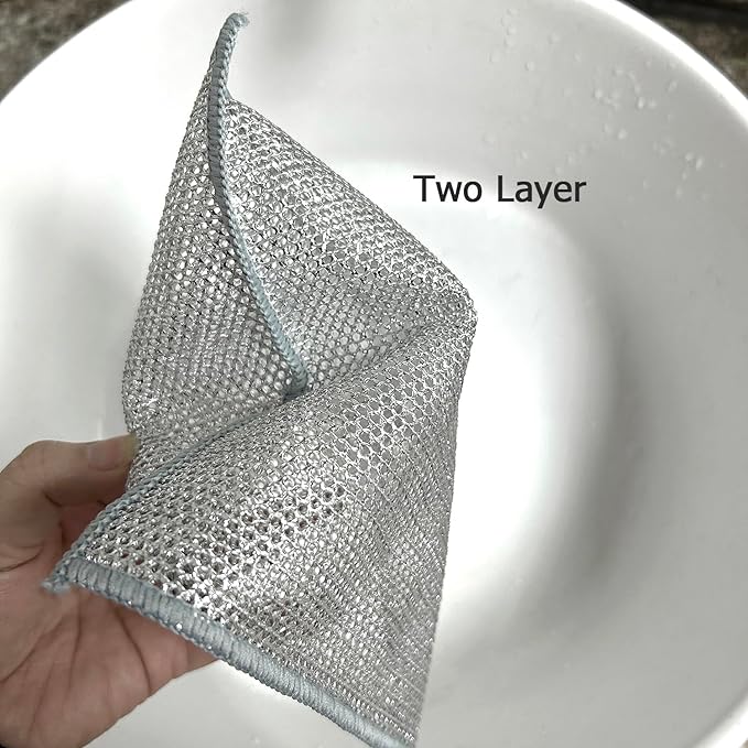 YinQin 6 PCS Double Layer Stainless Steel Scrubber Wire Dishwashing Cloth Non Scratch Stainless Steel Mesh Dish Cleaning Cloth 20x20 cm Metallic Wire Cleaning Rag Towel for Kitchen Dish Sink Stove Top