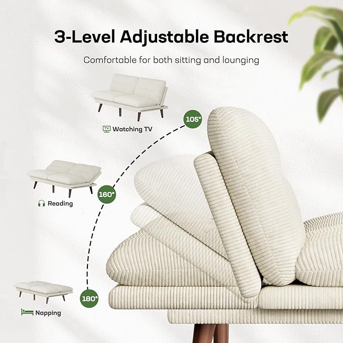 Marsail 75" Futon Sofa Bed, Corduroy Loveseat Futon Couch with Adjustable Backrest & Armrests, Convertible Sleeper Sofa Bed for Apartment, Living Room, Office, White