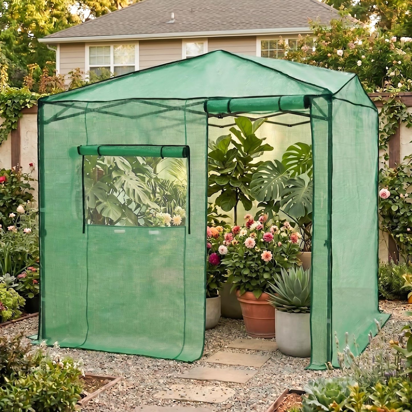 EAGLE PEAK 6x8 Portable Walk in Greenhouse, Pop Up Indoor Outdoor Greenhouse, Green House Kit with Zippered Roll-Up Doors and Windows, Side Door Design, PE Cover, Clear/Green