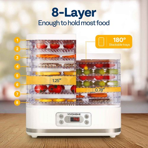 VIVOHOME Electric 8 Trays Food Dehydrator, 400W Hydrator Machine with 72H Digital Timer and Temperature Control for Fruit Vegetable Meat Jerky Herb Beef Mushroom, White