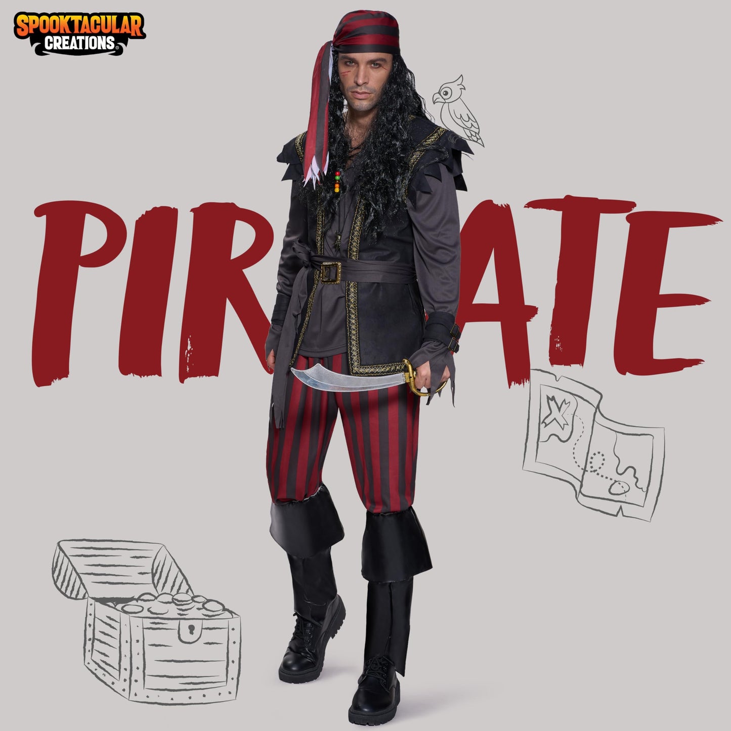 Spooktacular Creations Men Pirate Costume Ruthless Renegade Pirate Set with Boot Cover for Halloween Costume Cosplay Party -XL