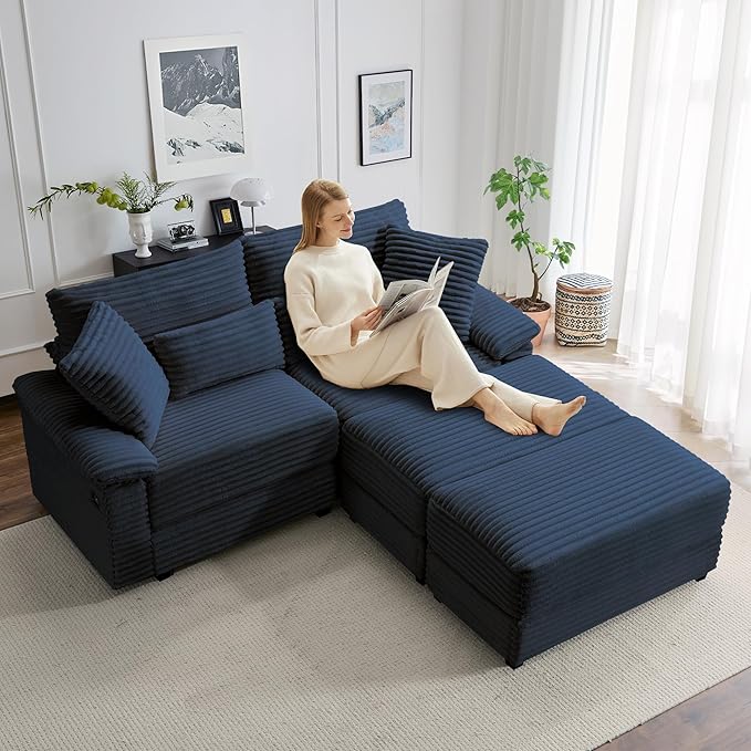 SUNWAVE 74" W Double Chaise Lounge Chair Indoor, Oversized Loveseat with Storage Ottoman, Corduroy Couch with USB Charging, Removable Ottoman, and Coffee Table Cushions for Living Room, Apartment