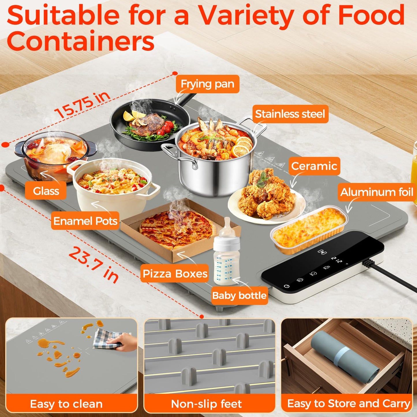 Warming Mat for Food | Dishwasher Friendly,Full-Surface Food Warmer with 6-Mode Adjustable and Timer,Roll-Up & Portable Silicone Food Heating Pad with Child Lock,Electric Warming Tray for Buffet Party