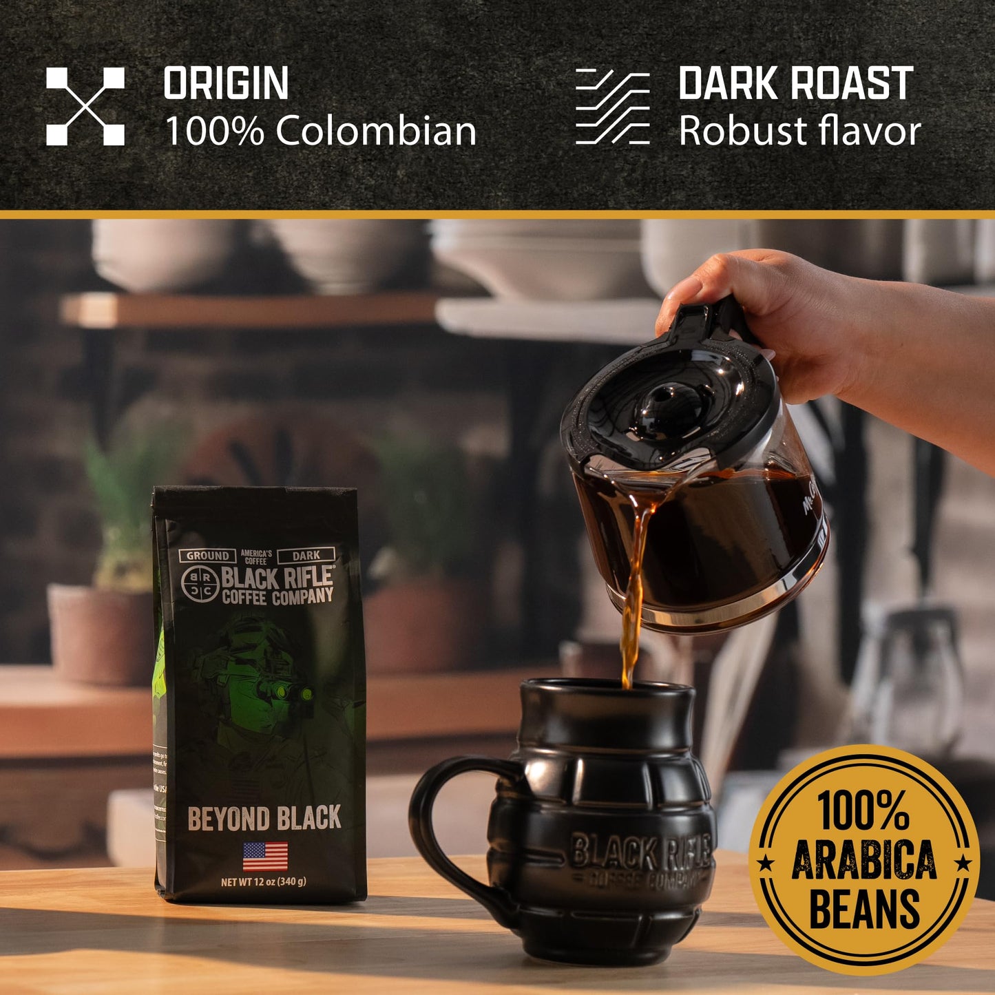 Black Rifle Coffee Company Beyond Black, 12oz Bag, Whole Bean Dark Roast - Roasted Blend Made from Arabica Beans - Colombian & Brazilian Beans - Veteran Founded & American Made