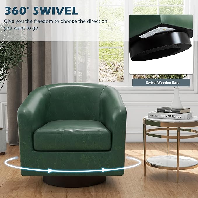 UIXE 360° Swivel Barrel Accent Chair Armchair, PU Leather Round Club Arm Chair for Lving Room, Modern Upholstered Small Bedroom Single Sofa Seat - Green, Set of 4