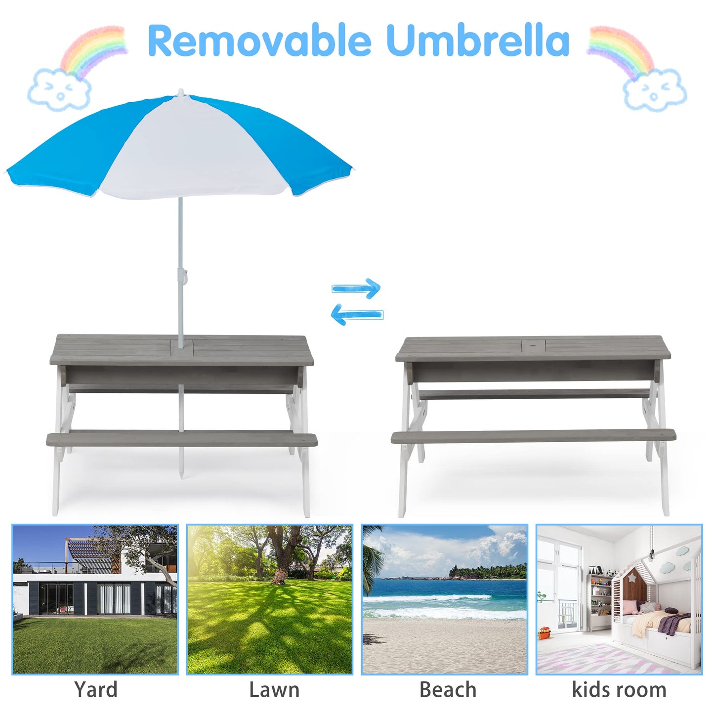 3 in 1Outdoor Wooden Picnic Table with Umbrella, Convertible Sand Wate, Gray CPSIA Certification