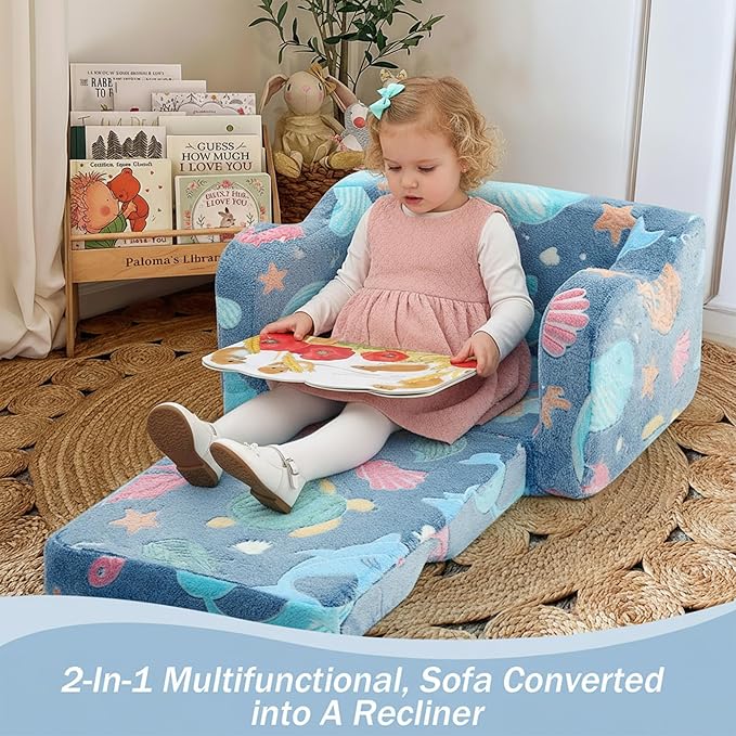 MeMoreCool Folding Toddler Chair, Glow-in-The-Dark Soft Plush Kids Fold-Out Couch Sofa, Comfy Baby Recliner for Girls and Boys (Denim Mermaid)