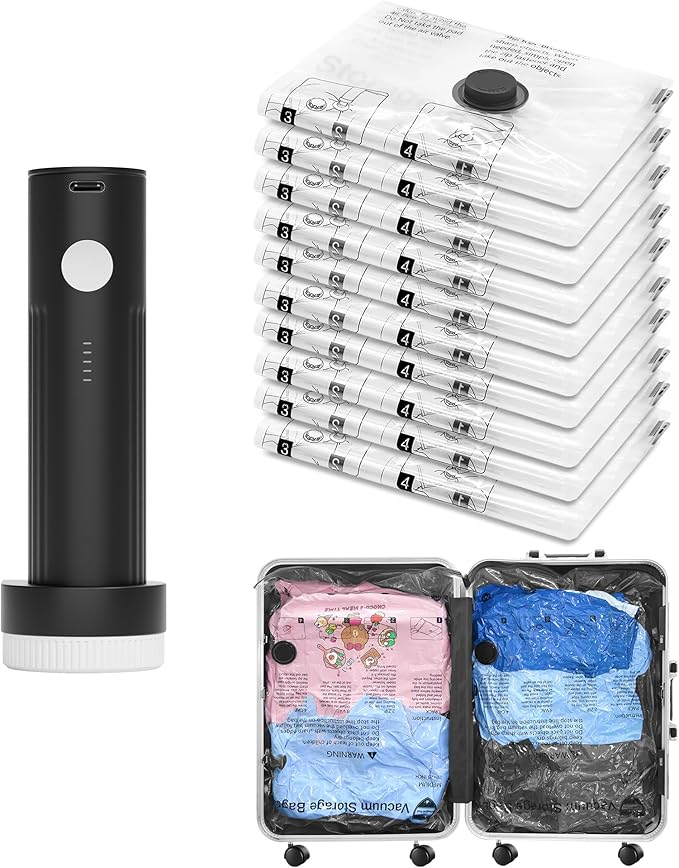 SUOCO Travel Vacuum Bags with Portable Electric Pump, 10 Large Compression Packing Seal Cubes for Clothing Suitcase Luggage Organizer, Space Saver Clothes Storage Bags