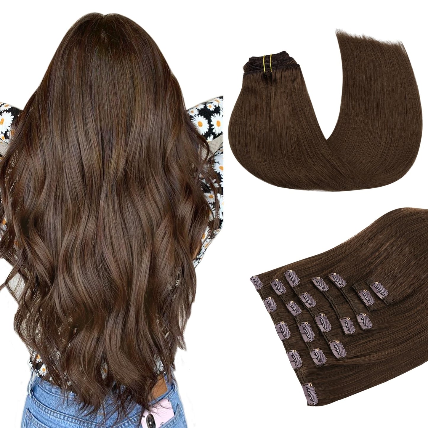 MAXITA Clip in Hair Extensions Real Human Hair, 7 pcs Chocolate Brown 12 Inch 80g, Clip ins Remy Hair Natural Straight Hair for