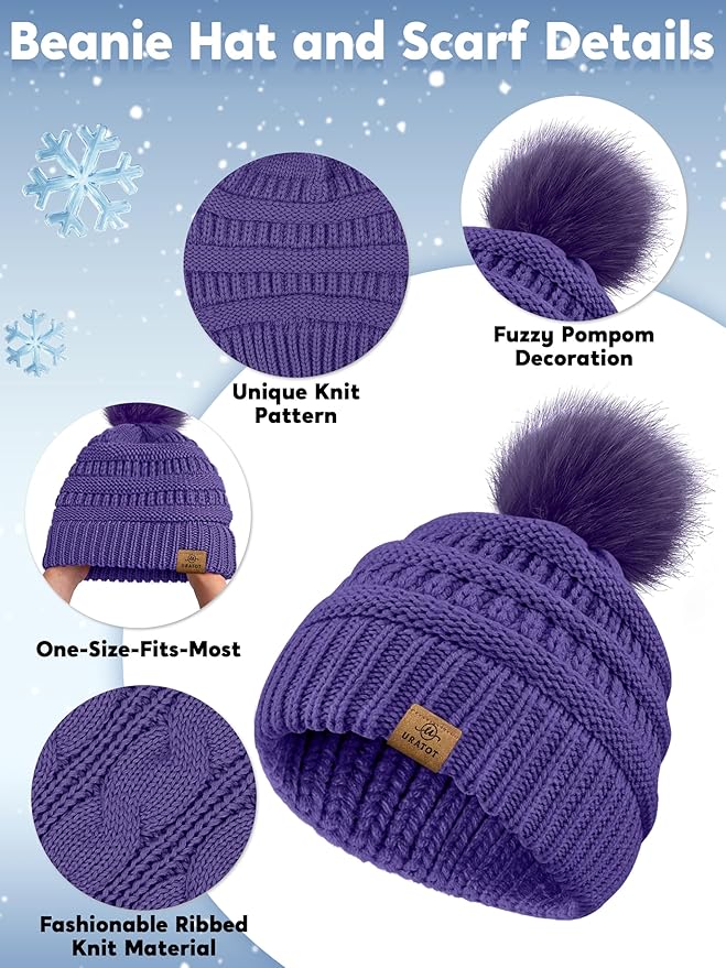 URATOT 4-In-1 Winter Warm Sets Knitted Scarf Touch Screen Gloves Beanie Pompom Hat and Winter Ear Warmer for Men or Women