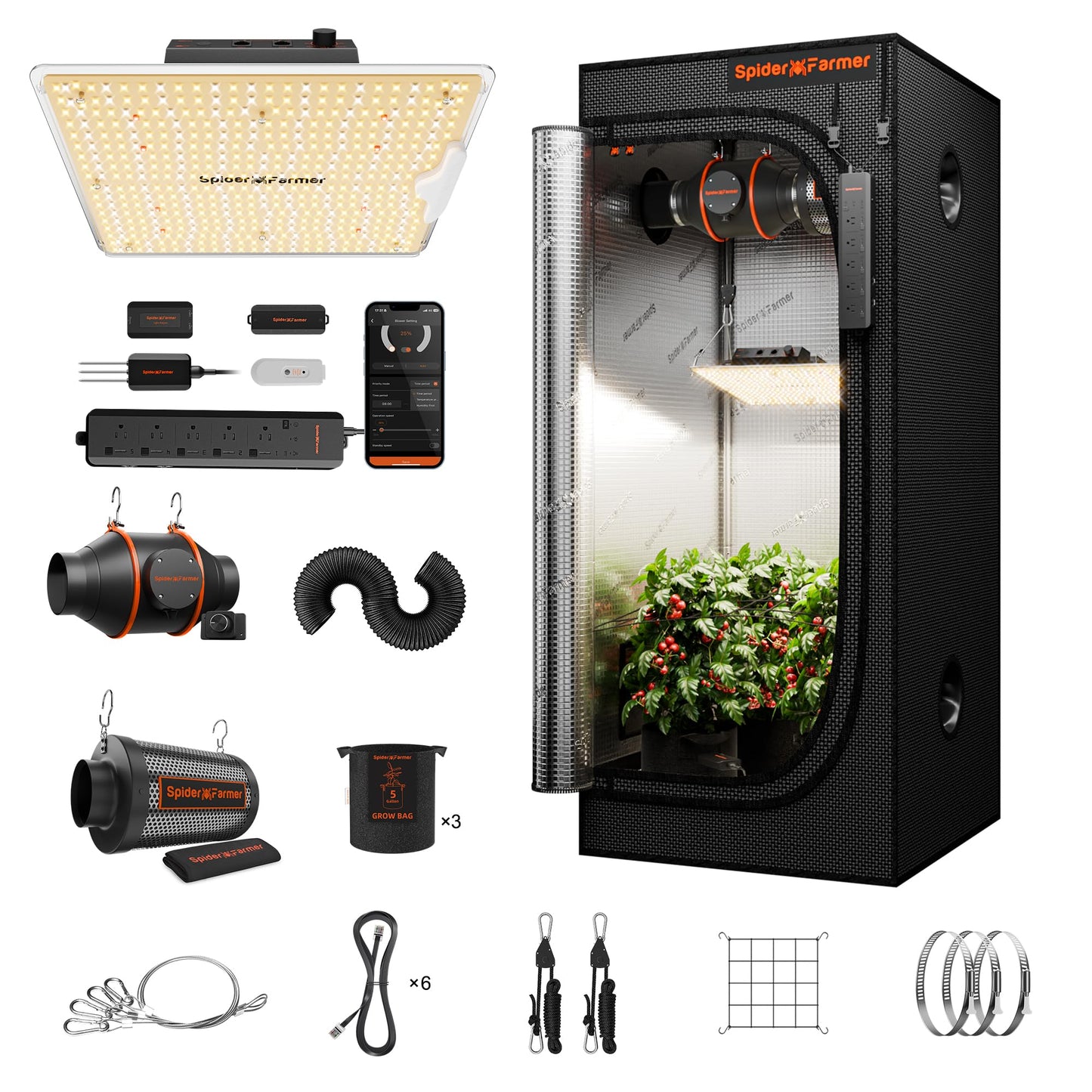 Spider Farmer 2x2x5ft Grow Tent Kit with GGS AC5 Power Strip Complete System, SF1000D Full Spectrum LED Grow Light 24"X24"X55" Indoor Tent with 4" Ventilation System