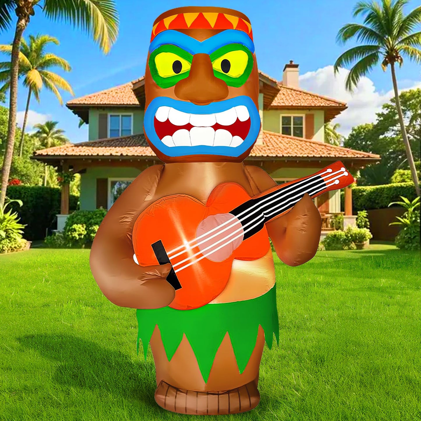 TURNMEON 6 FT Inflatable Tiki Playing Guitar Outdoor Luau Hawaiian Tropical Party Decoration, Built-in LED Lights Blow up Tiki Man Bar Decor for Yard Lawn Garden Beach Summer Pool Party Favor Supplies