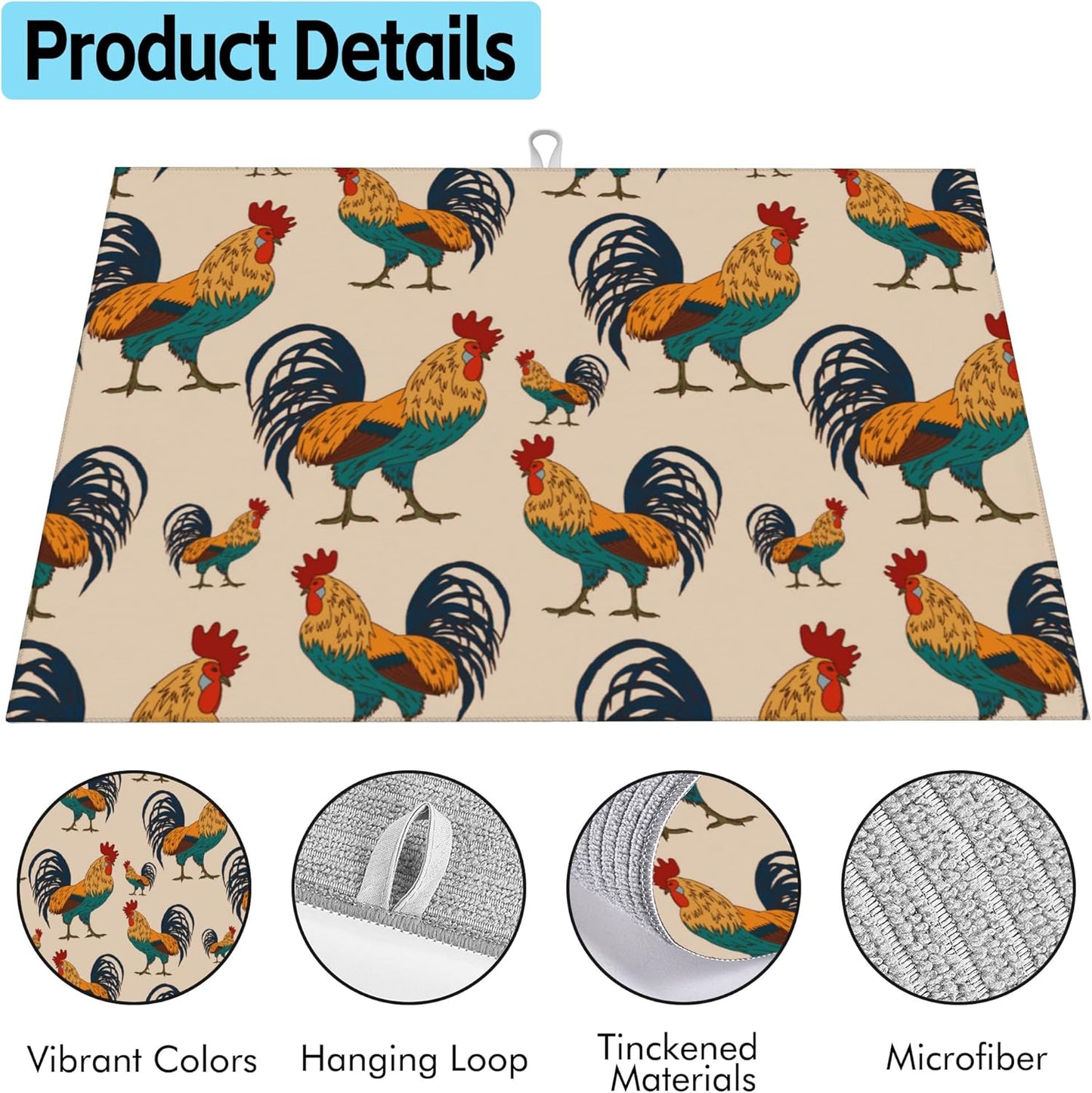 Large Dish Drying Mat for Kitchen Counter,18"X24" Beautiful Rooster Cock Super Absorbent Reversible Microfiber Dish Drying Mat Dish Drainer Mat,Dishes Mat Drying Pad for Kitchen Countertop Coffee Bar