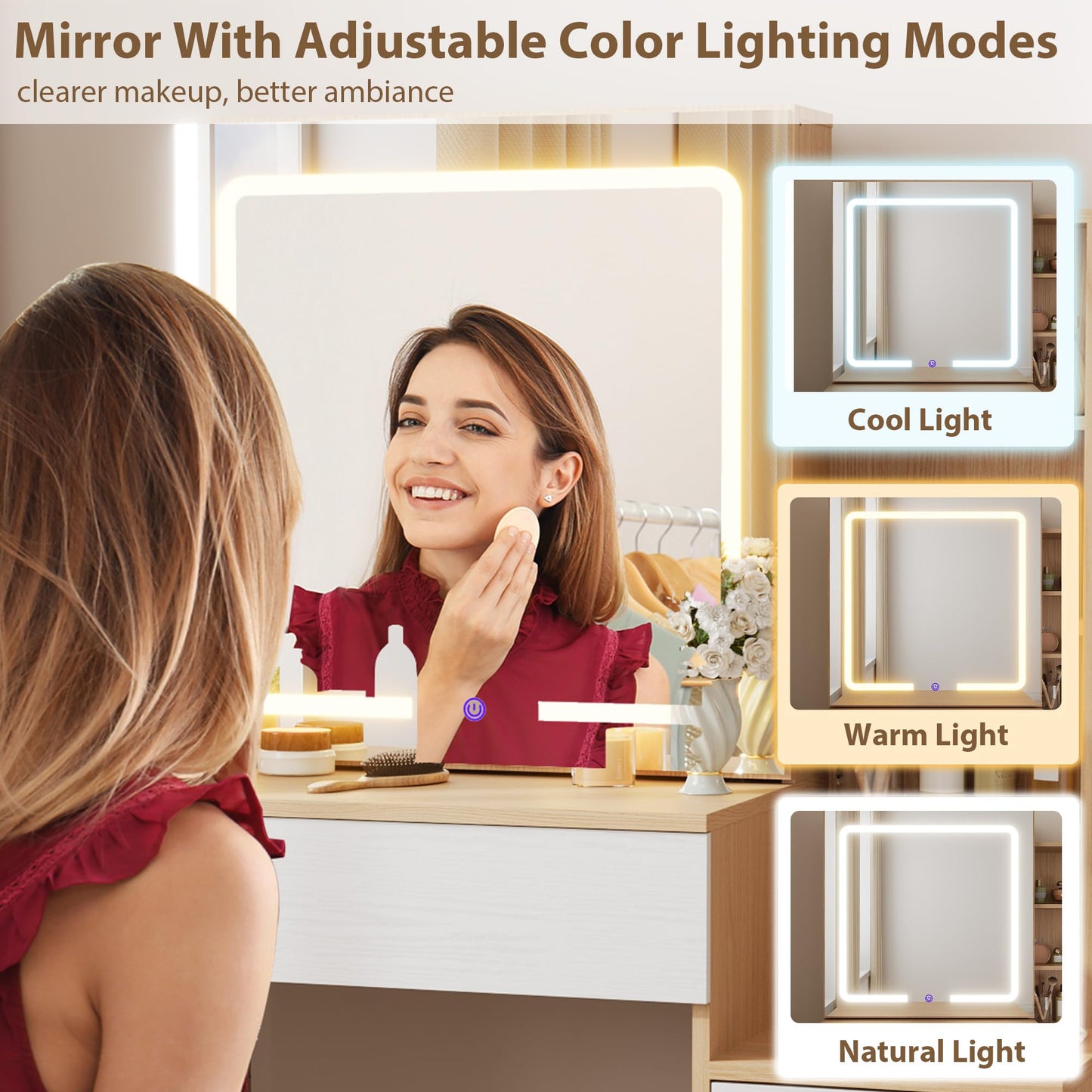 Senfot Nature Vanity Desk With Sliding Mirror and Lights, Modern Makeup Vanity Table With 4 Drawers and 7 Storage Shelves, Dressing Table With Stool and Charging Station, 3 Lighting Modes, for Bedroom