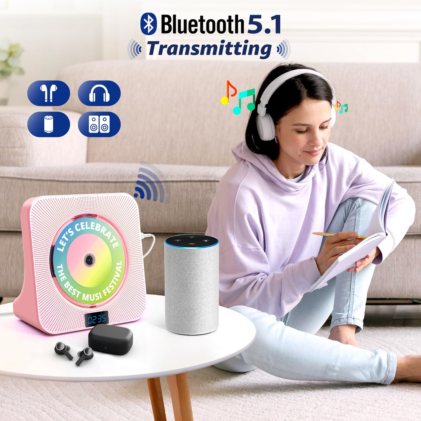 Desktop Cd Player With Speakers, Roadom Bluetooth Cd Player With Hi-Fi Stereo Sound, Remote Control, Supports Cd/Bluetooth/Fm Ra
