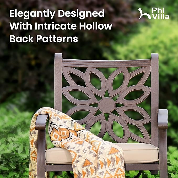 PHI VILLA Cast Aluminum Outdoor Patio Swivel Dining Chairs, Extra Wide Armrest Chairs with Seat Cushion, Casting Aluminum Back for All Weather, Set of 4