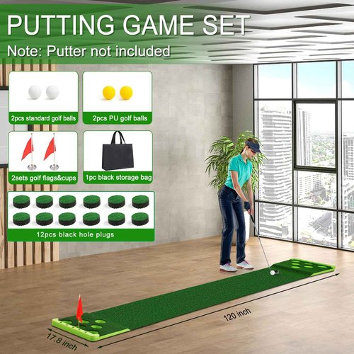 Sagsewful Golf Putting Game Set with Front Border for Indoor & Outdoor,Golf Putting Green Mat Include 4 Balls,1 Portable Bag,2 Flags&Cups,Practice Training Aid for Backyard,Party,Office